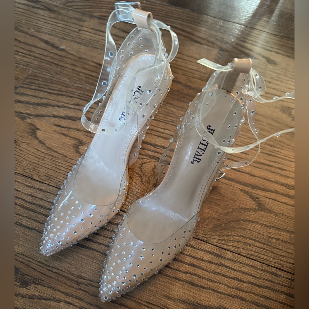 JustFab Mika Clear Rhinestone Pumps Size 7 Pointed Toe Ankle Strap Heel Stiletto - Picture 2 of 6